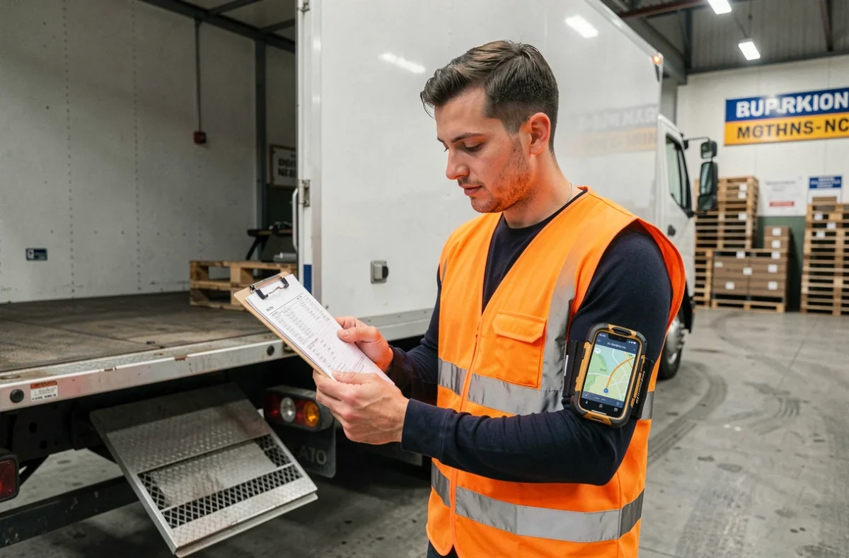 Agent logistique optimisant sa tournée de livraison depuis un quai de chargement avec smartphone et clipboard