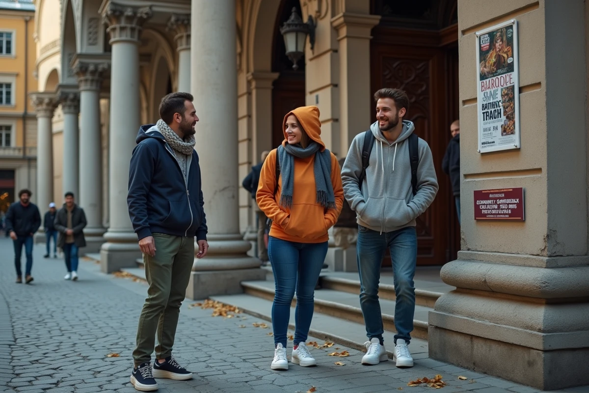 Groupe d'amis en tenue décontractée devant un opéra européen découvrant une affiche de concert baroque et rock