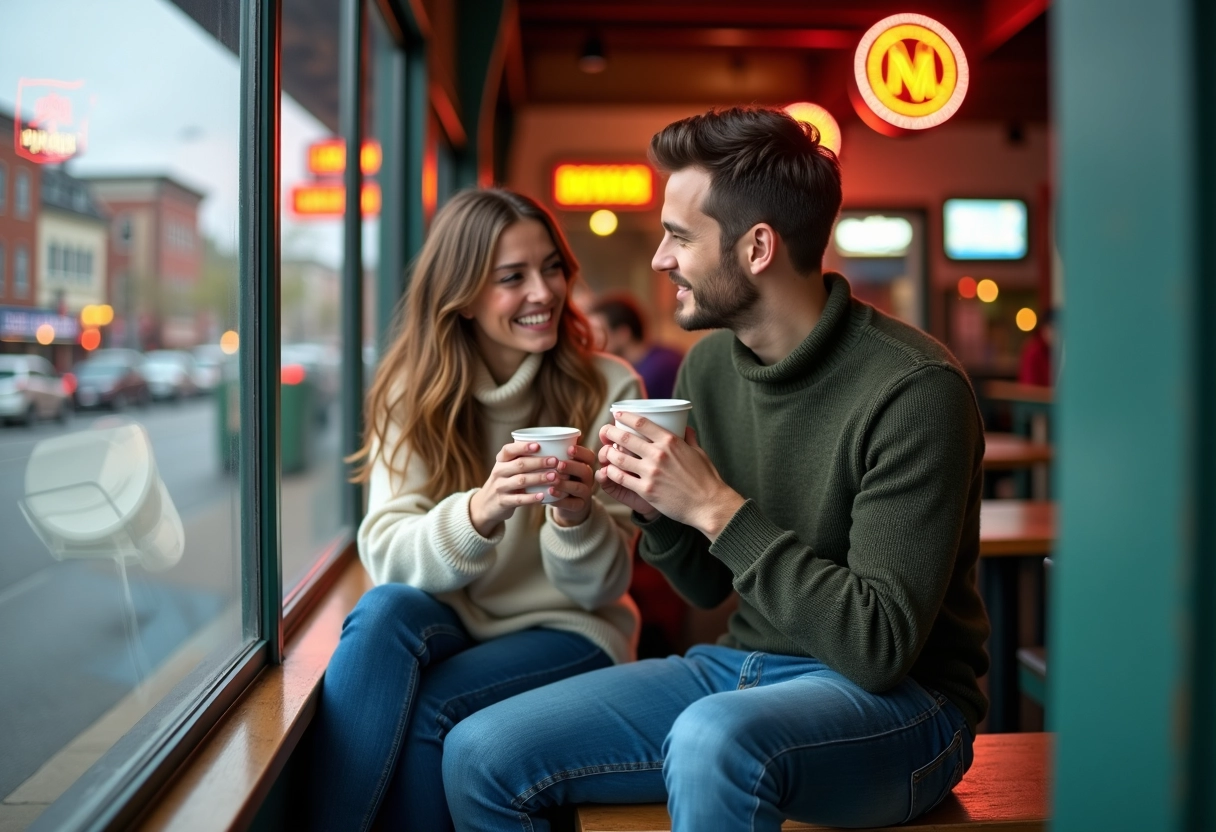 Deux amis rient devant un diner en ville