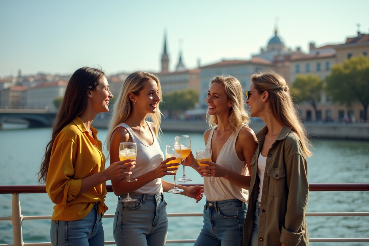 Groupe d amis riant avec boissons sur le pont du bateau