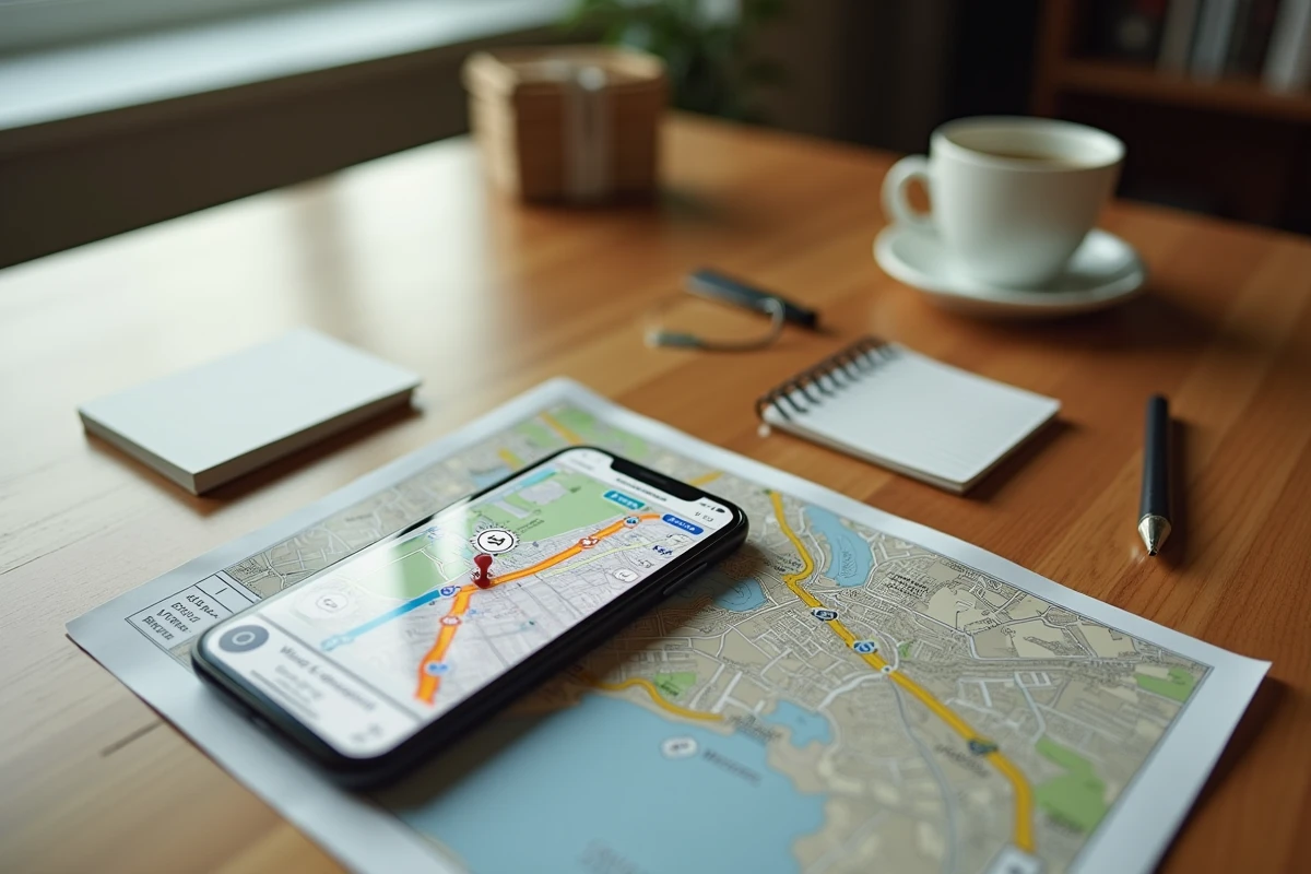 Application de navigation GPS affichée sur smartphone posé sur un bureau avec carte routière et carnet de notes