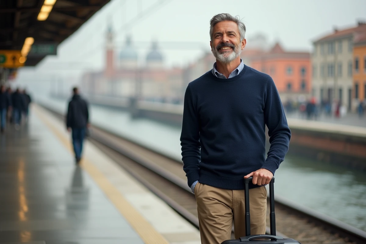 Voyageur arrivant en train à Venise Santa Lucia avec valise sur le quai de la gare