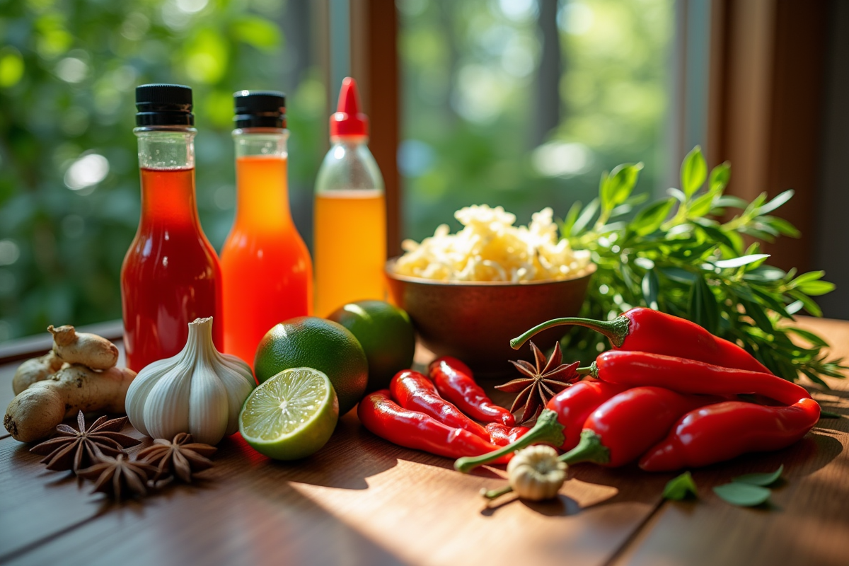 Assortiment d'épices vietnamiennes sur une table en bois