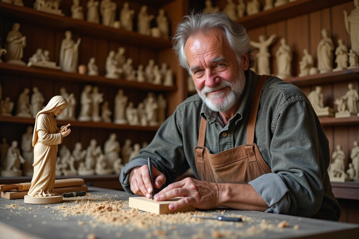 Artisan sculpteur sur bois dans un atelier traditionnel d'Oberammergau travaillant une figurine de crèche bavaroise