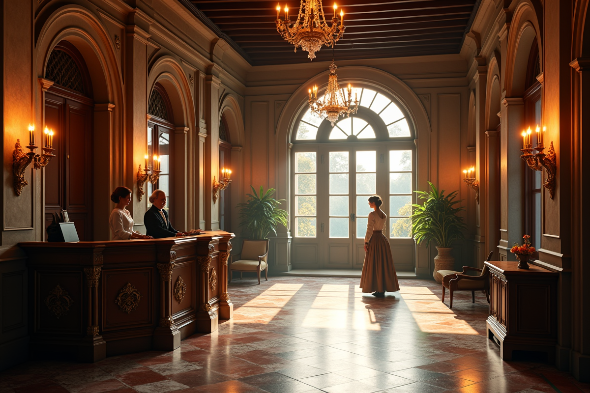 Intérieur d'une auberge ancienne luxueuse avec réception en bois et sol en marbre