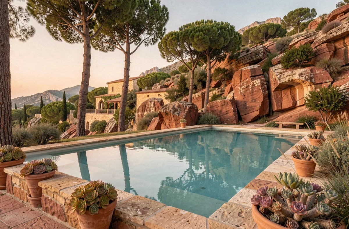Piscine de La Bastide du Rocher à Fréjus encadrée de roches rouges de l'Estérel et de pins parasols provençaux