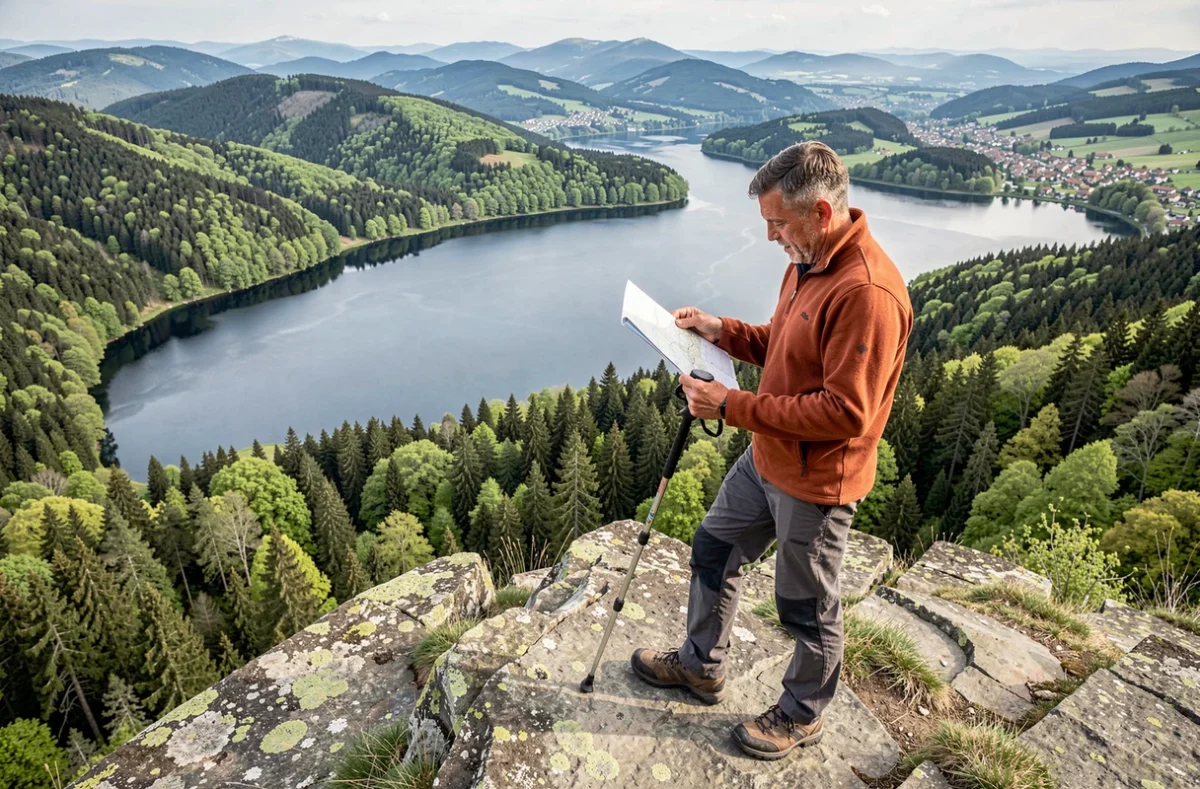 Randonneur consultant une carte au belvédère panoramique avec vue sur le lac de Gérardmer et les Vosges
