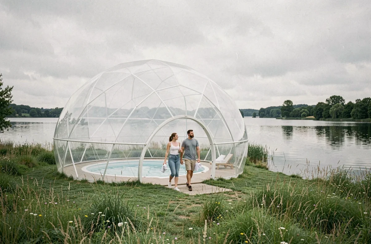Hébergement insolite en forme de bulle transparente aux Bulles du Lac près de Langres avec accès piscine