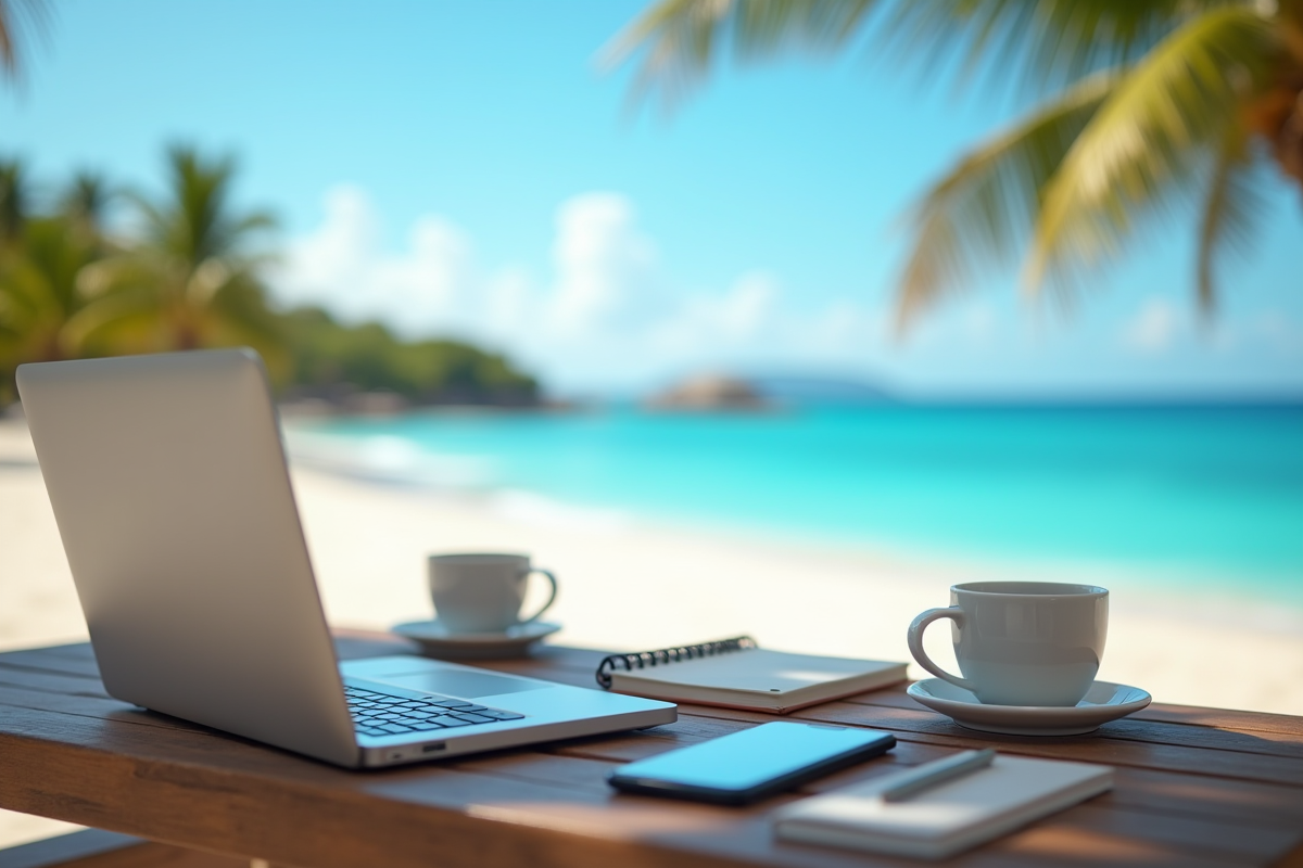 Espace de travail minimaliste face à une plage tropicale ensoleillée