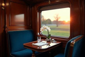 Cabine de luxe de l'Orient Express avec boiseries en acajou, sièges en velours bleu marine et table dressée élégamment