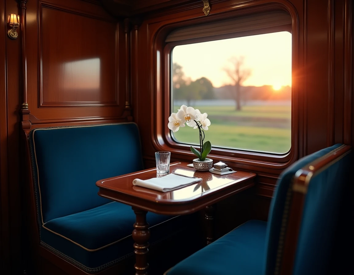 Cabine de luxe de l'Orient Express avec boiseries en acajou, sièges en velours bleu marine et table dressée élégamment