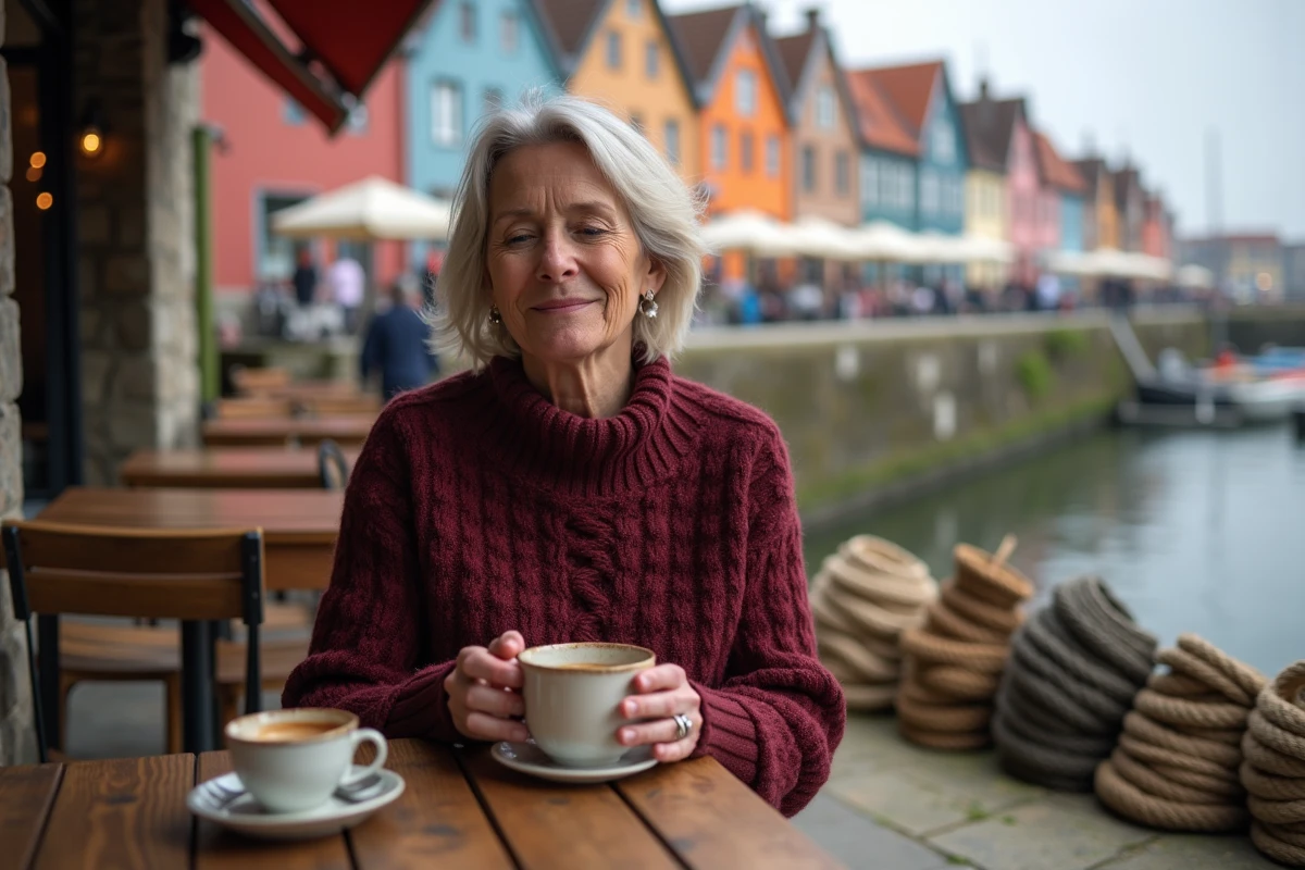 Femme savourant un café en terrasse face au port pittoresque de Saint-Valery-sur-Somme