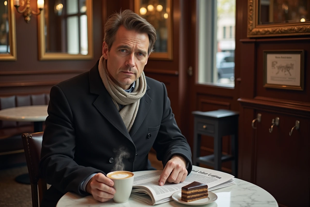 Homme savourant un café viennois et une Sachertorte dans un authentique Kaffeehaus de Vienne