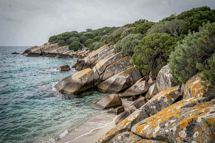 Crique sauvage de Cala d'Orzu en Corse-du-Sud avec rochers de granit et eau turquoise entourée de maquis méditerranéen