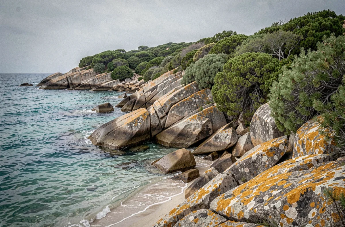 Crique sauvage de Cala d'Orzu en Corse-du-Sud avec rochers de granit et eau turquoise entourée de maquis méditerranéen