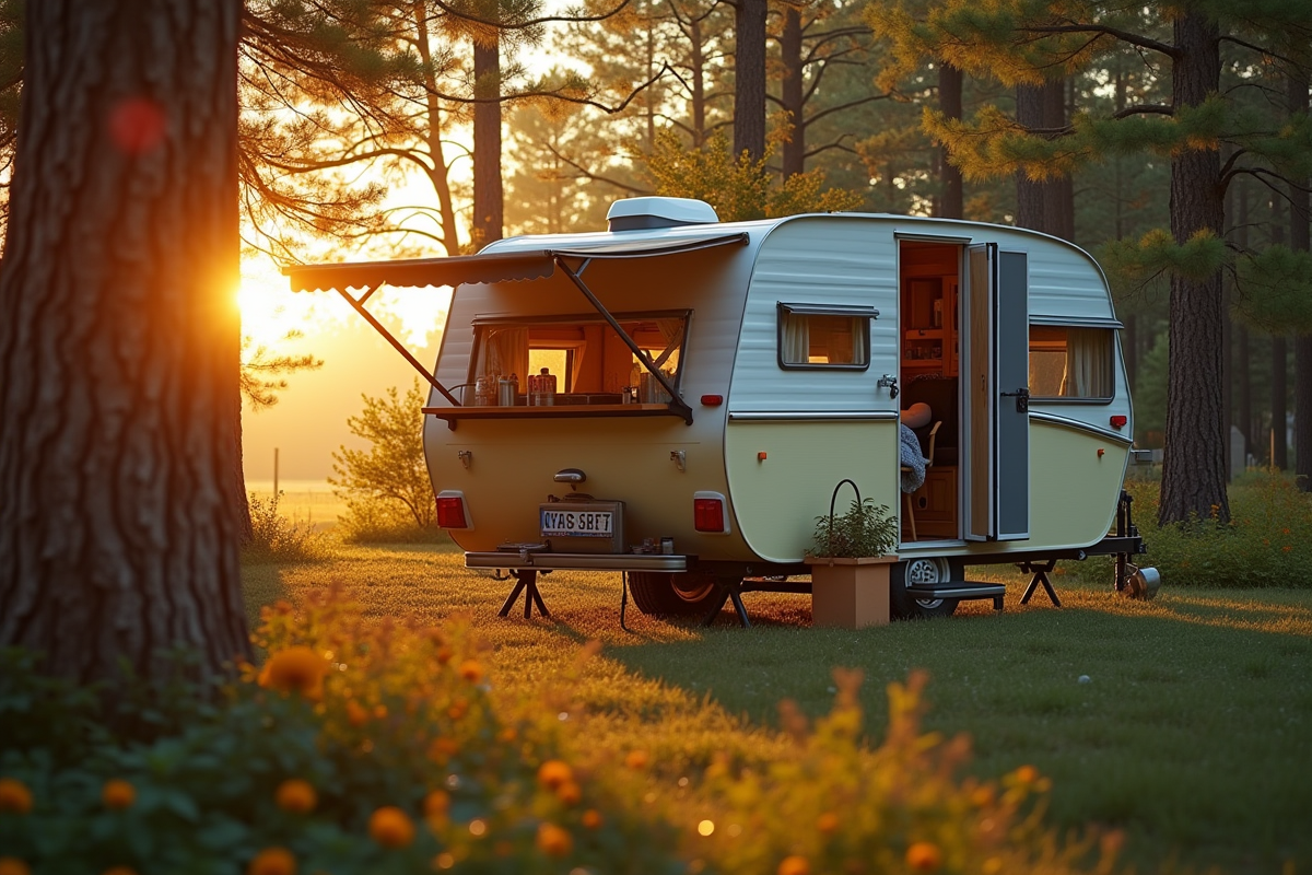 Caravane dans la forêt au coucher de soleil chaleureuse