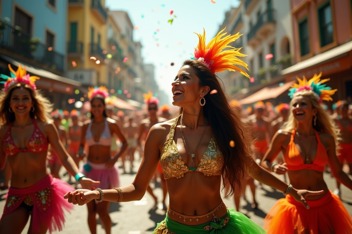 Festival de rue tropical avec danseurs en costumes vifs à Rio