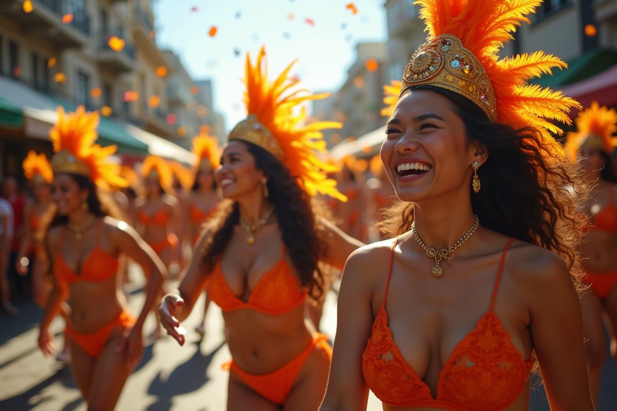Parade colorée du Carnaval de Rio avec foule en costumes