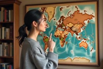Femme pointant le Groenland sur une carte du monde vintage accrochée au mur, illustrant les distorsions des projections cartographiques