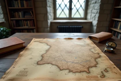 Carte ancienne de Normandie avec les plages du D&eacute;barquement annot&eacute;es, pos&eacute;e sur une table en bois rustique avec une boussole et un journal historique