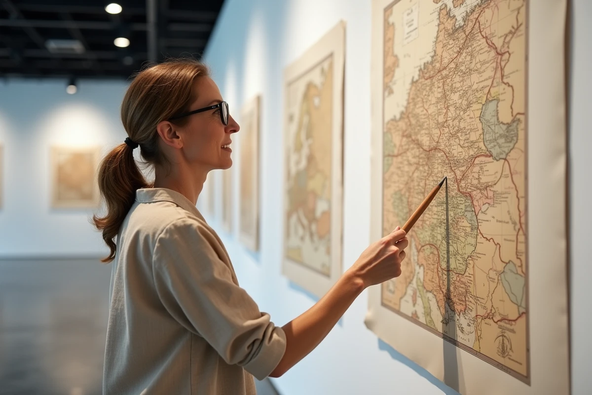 Cartographe présentant l'évolution des frontières historiques de l'Allemagne dans un musée