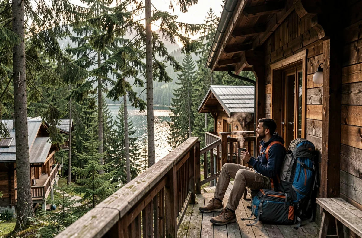 Chalets en bois des Chalets du Lac à Gérardmer entourés de forêt de sapins avec vue sur le lac