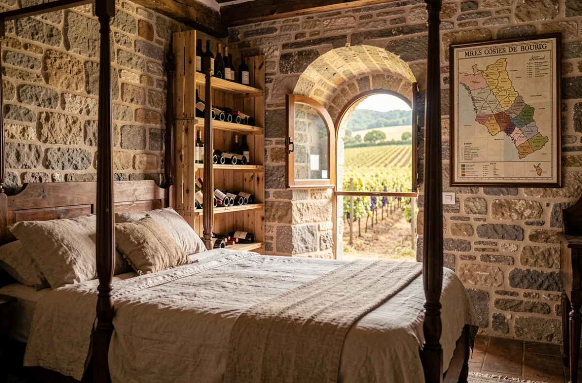 Chambre de caractère du Château de la Grave en Côtes de Bourg avec pierres apparentes et vue sur les vignes
