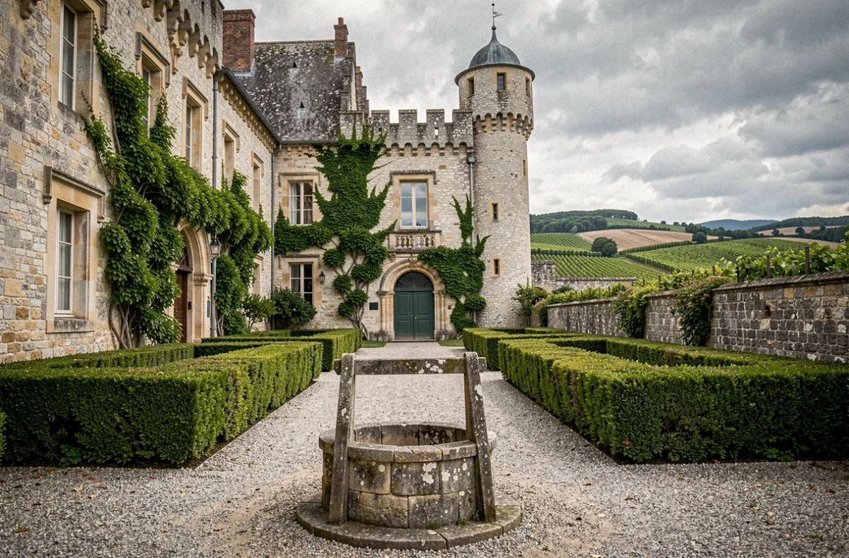 Cour intérieure du Château de La Rivière à Fronsac avec tours médiévales et vignobles en arrière-plan