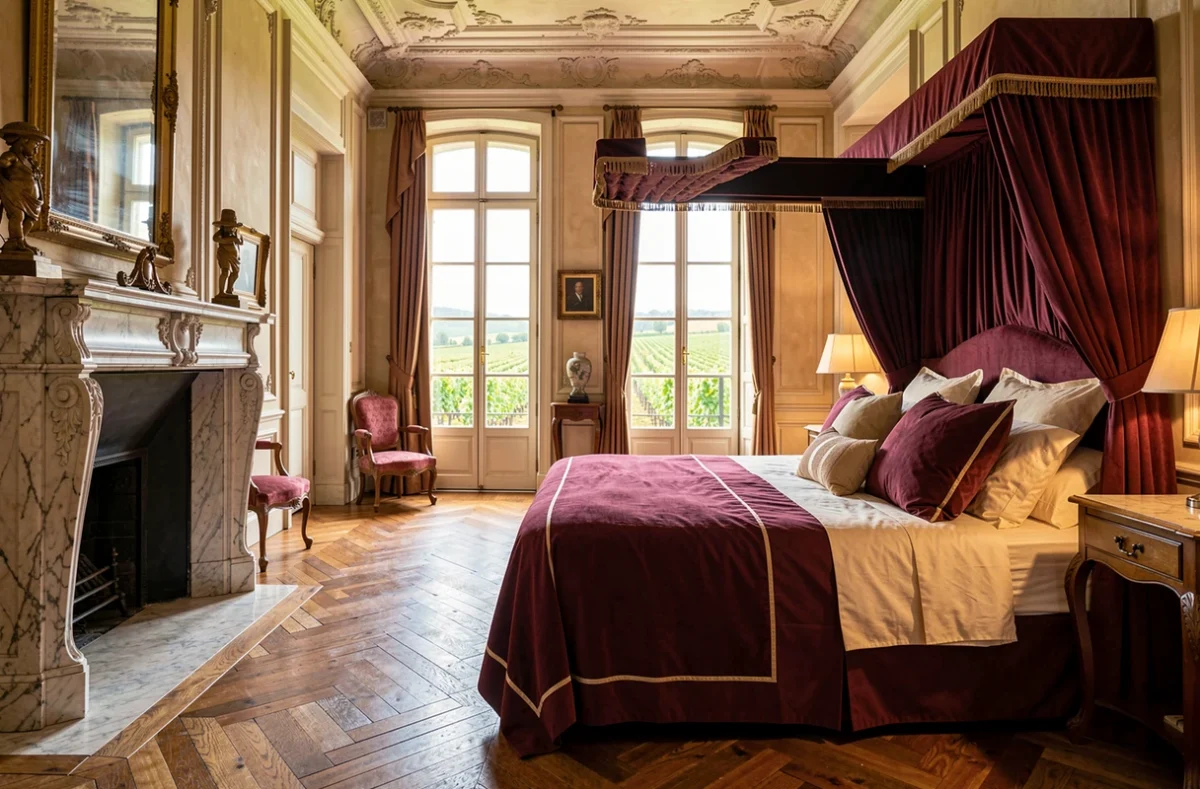 Suite élégante du Château La Galiane à Margaux avec décoration classique et vue sur les vignes