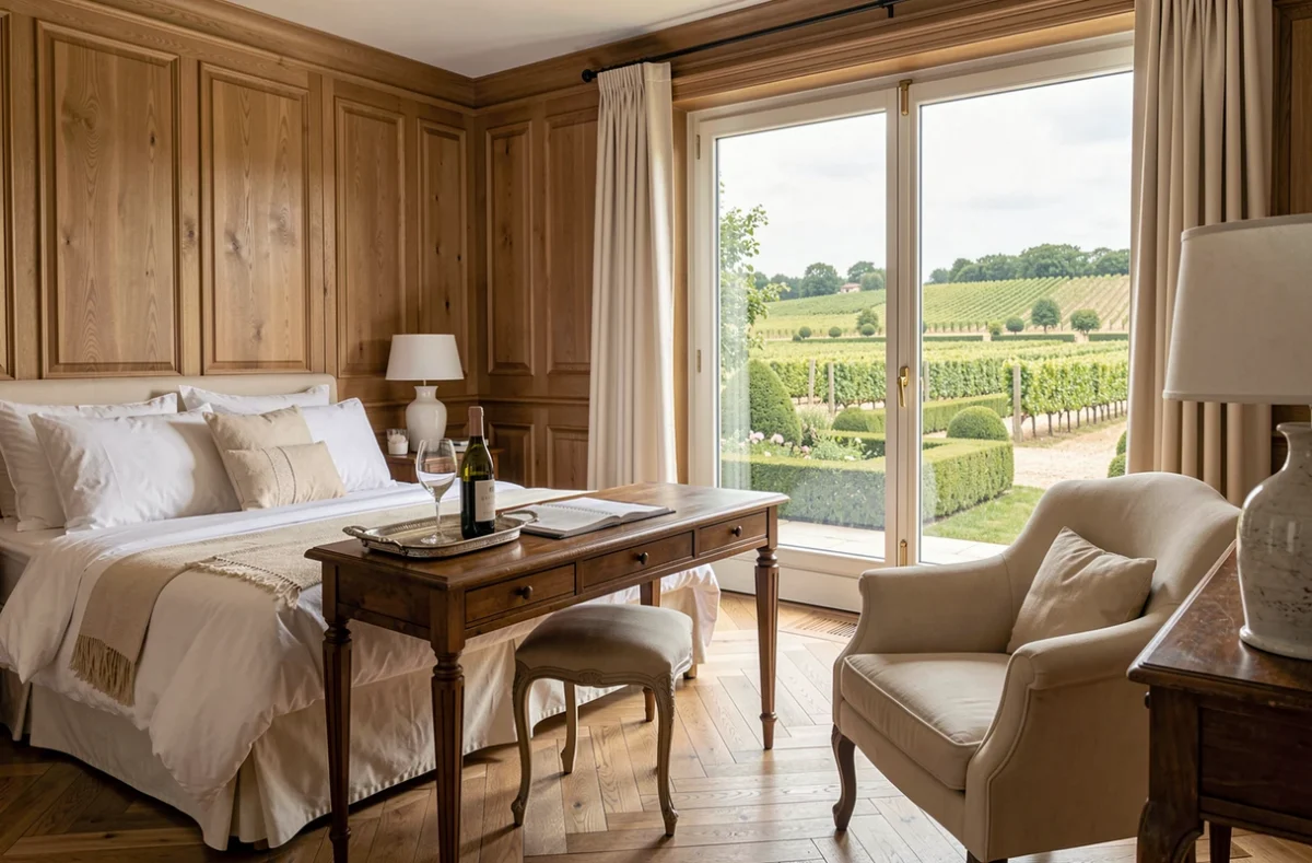 Suite raffinée du Château Latour-Martillac à Martillac en Pessac-Léognan avec parquet en chevron et vue sur le domaine