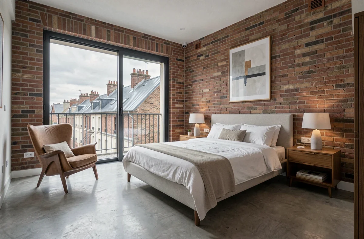 Chambre design du Clos des Queyries à Bordeaux avec murs en brique et ambiance urbaine contemporaine