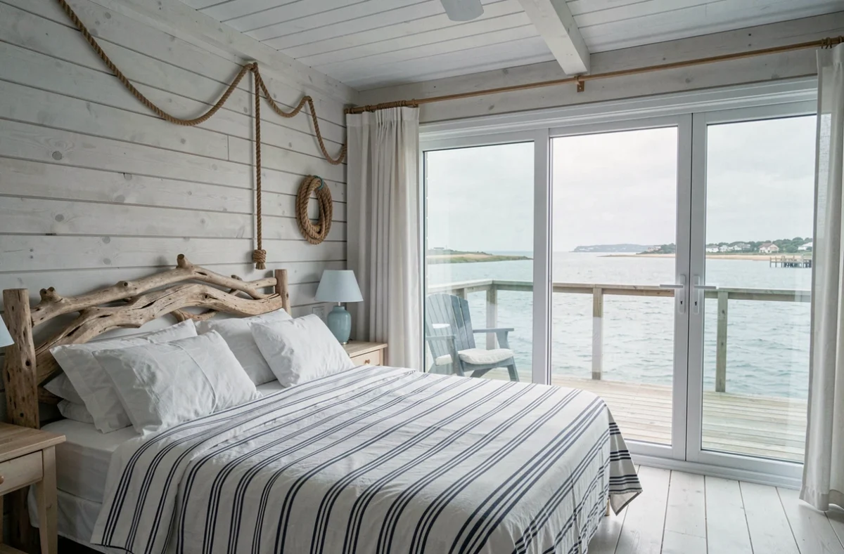 Chambre bord de bassin de La Maison du Bassin à Lège-Cap-Ferret avec décoration nautique et vue sur l'eau