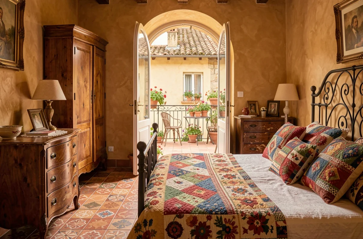 Chambre colorée de La Maison Mulatô à Libourne avec carrelage ancien et terrasse fleurie