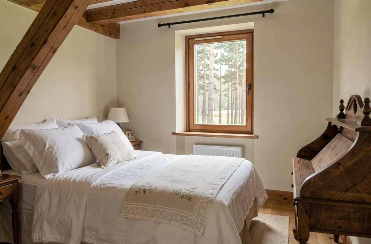 Chambre d'hôtes La Parenthèse du Las à Saint-Jean-d'Illac avec poutres en pin et décoration naturelle