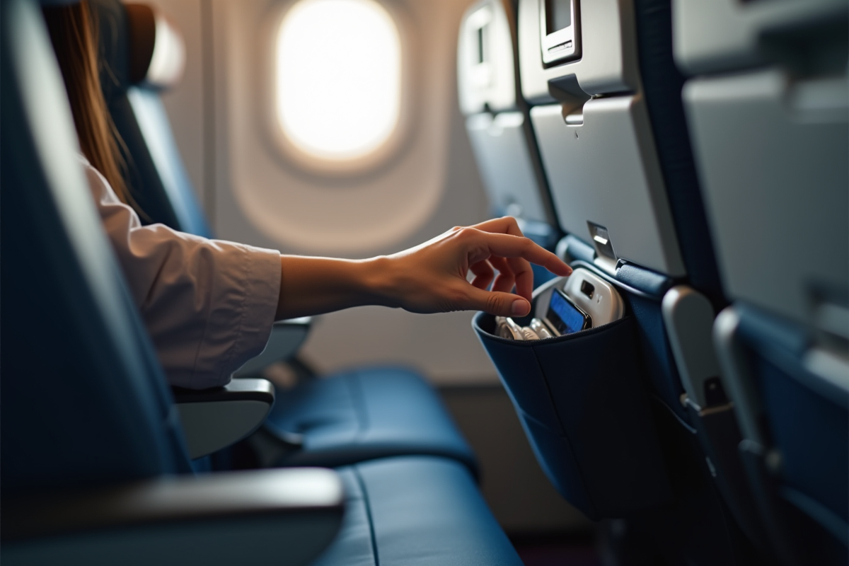 Main posant un chargeur dans une pochette de siège avion