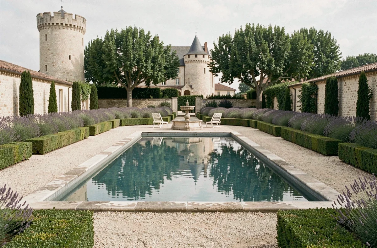 Piscine formelle du Château Pimo à Draguignan dans un jardin à la française avec haies de buis taillées et tour médiévale