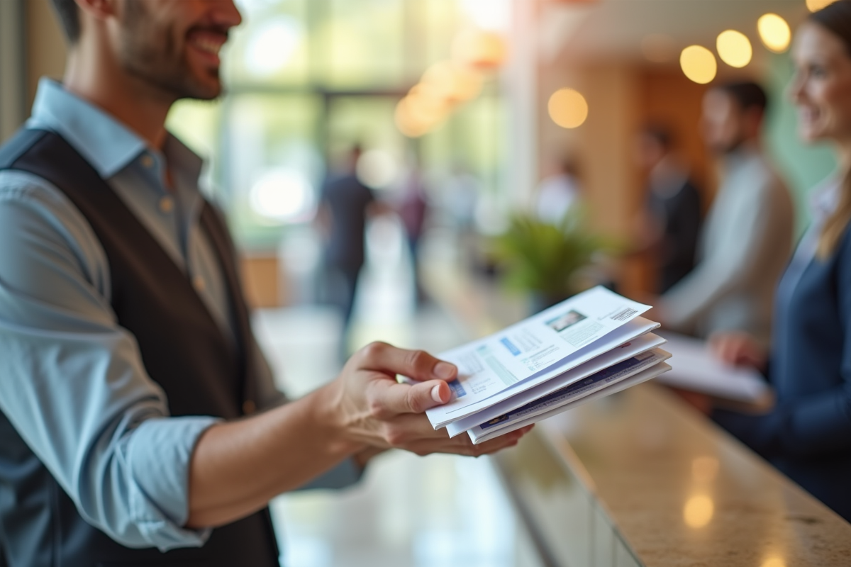 Client remettant ses papiers à la réceptionniste souriante