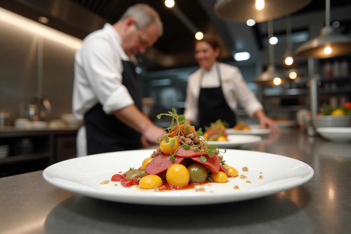 Chef en cuisine moderne dressant un plat sophistiqué