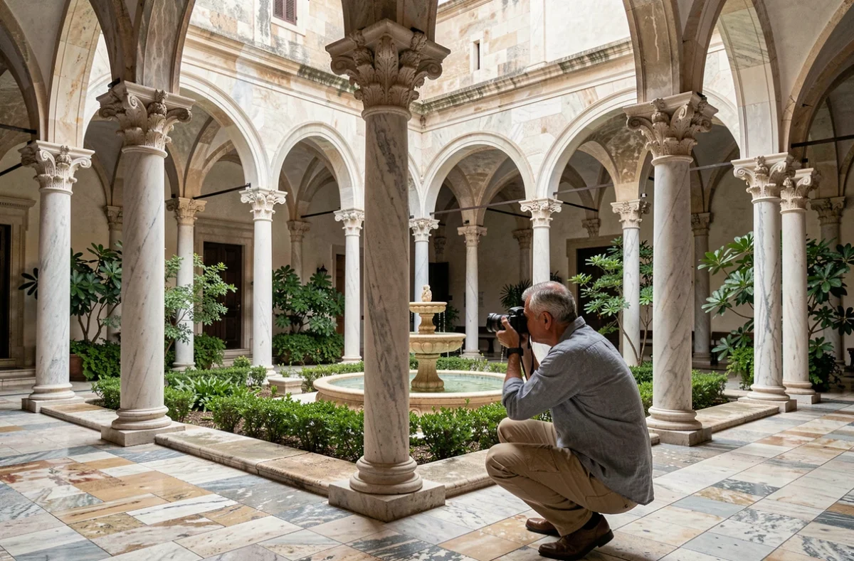 Cloître de la cathédrale de Monreale avec ses colonnes de marbre sculptées et son jardin intérieur