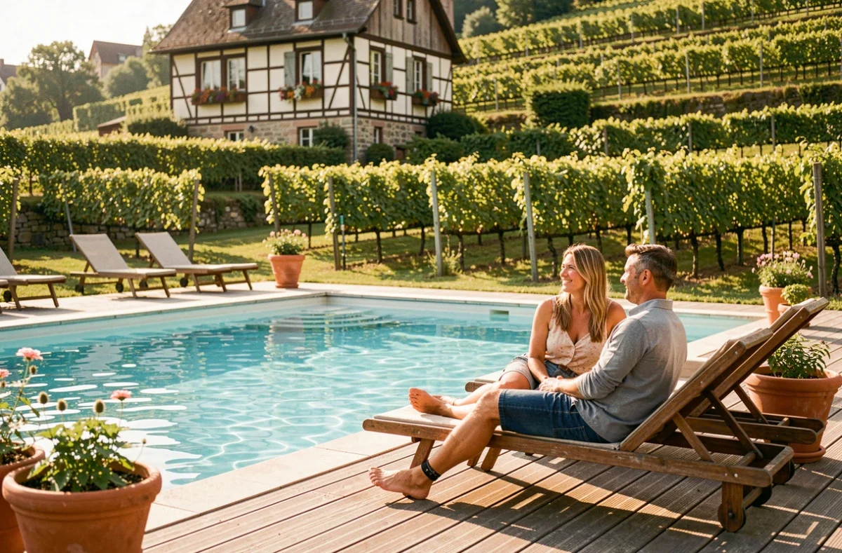 Piscine chauffée du Clos des Vignes à Riquewihr avec vue sur les vignes de la Route des Vins d'Alsace