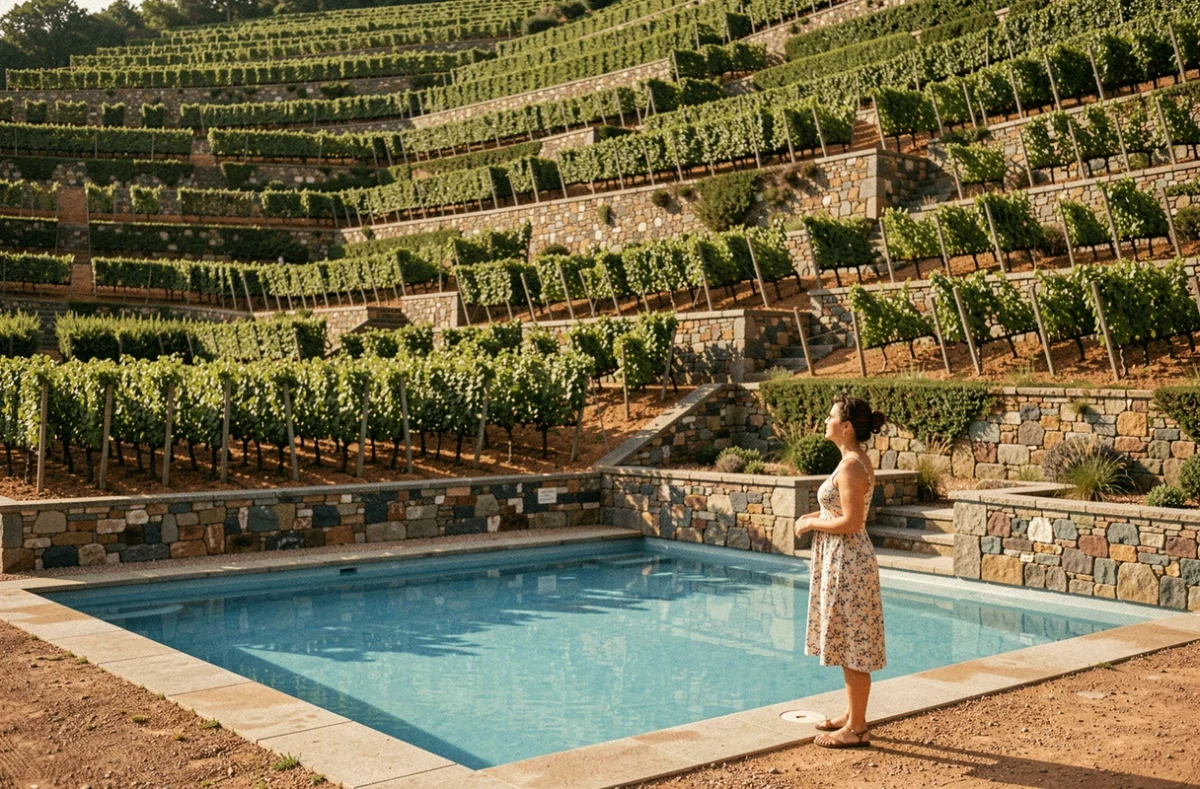 Piscine du Clos Saint-Urbain à Guebwiller avec les terrasses du vignoble Grand Cru Rangen en arrière-plan