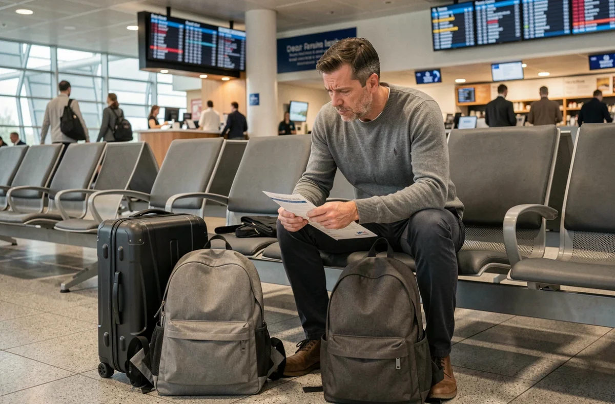 Voyageur comparant deux bagages à main selon les critères de taille des compagnies aériennes en salle d'attente