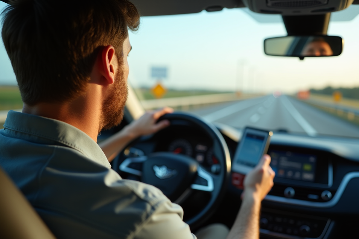 Conducteur français avec permis dans une voiture moderne sur une autoroute américaine