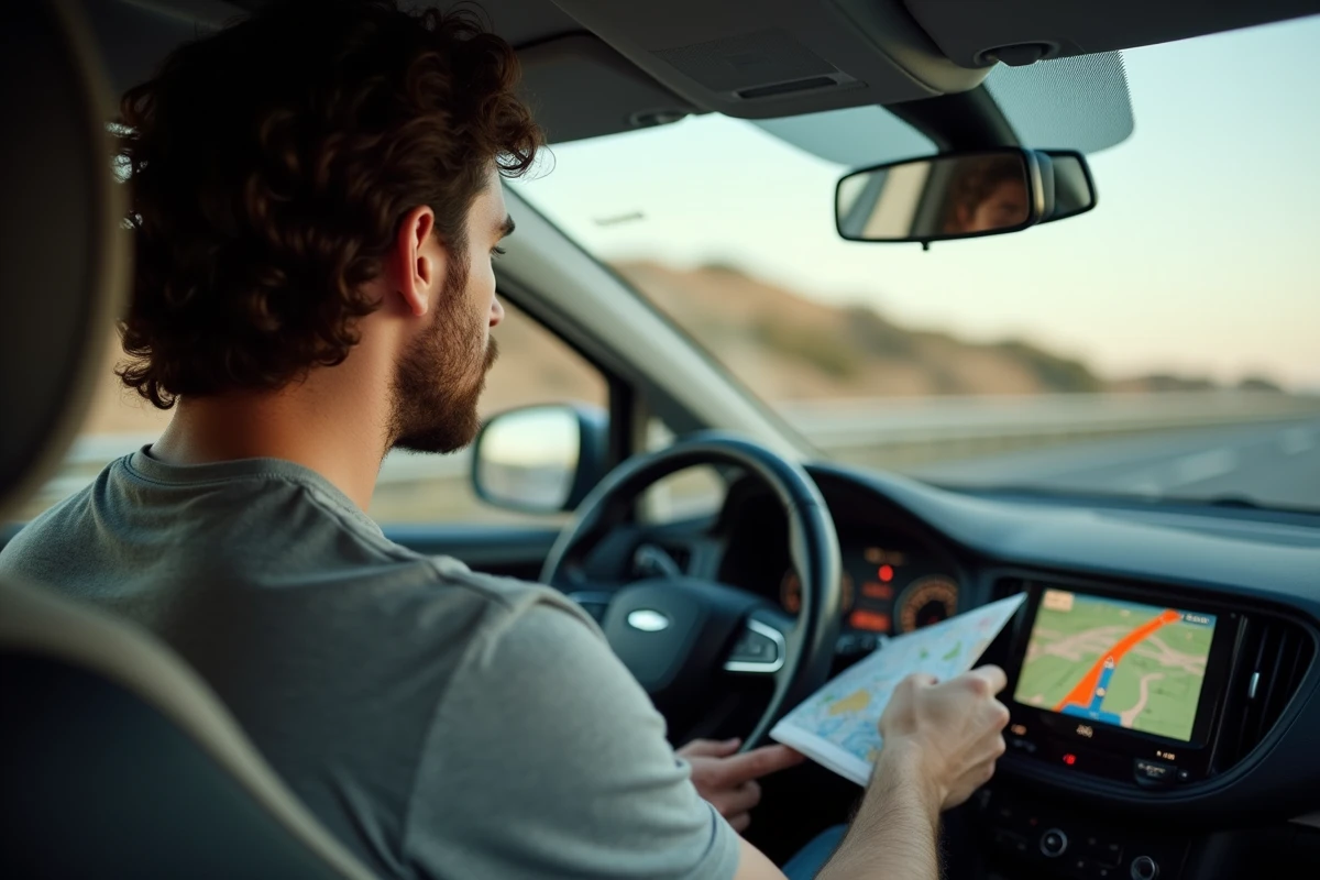 Conducteur consultant un GPS avec itinéraire de péages sur autoroute en Espagne