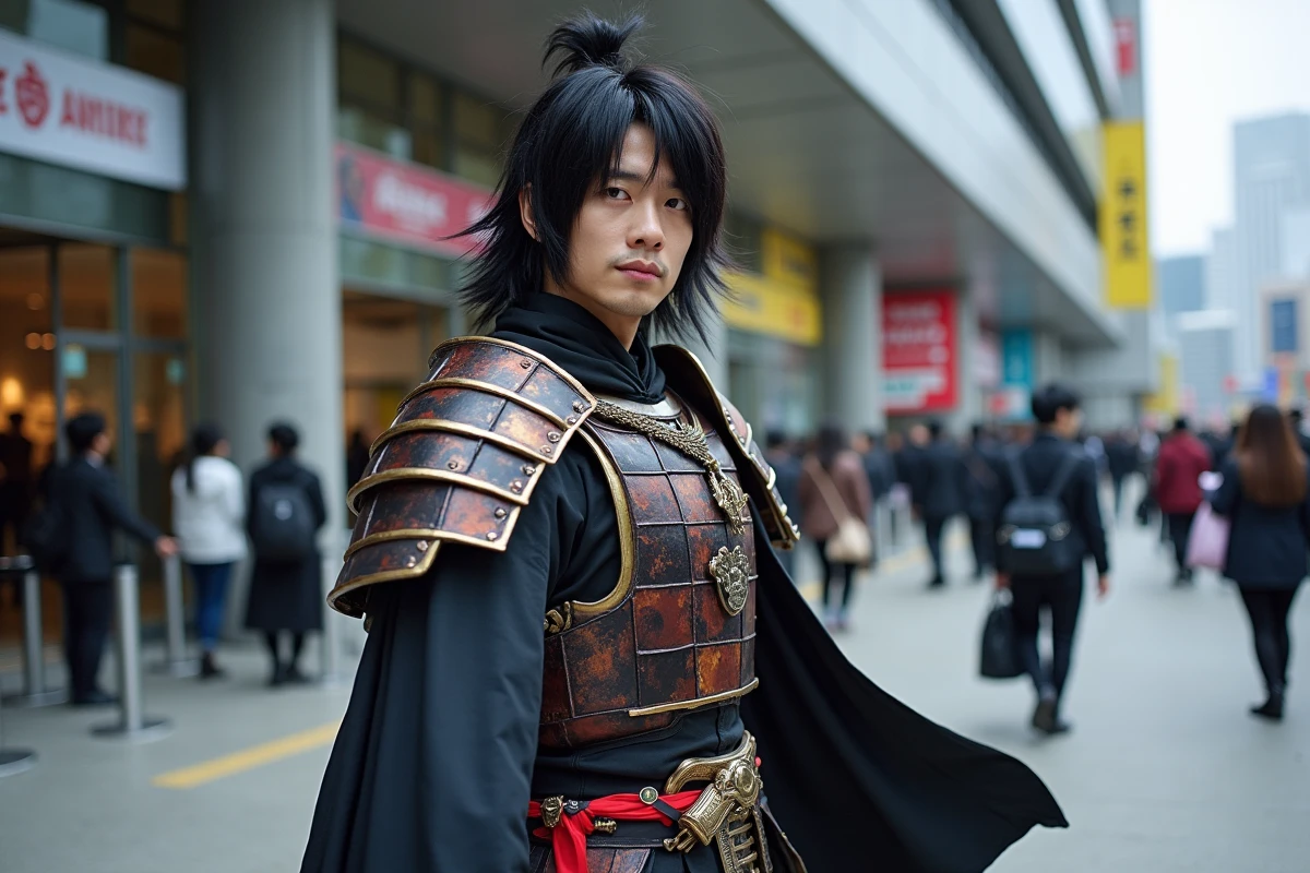 Homme en costume de cosplay anime élaboré devant l'entrée d'une convention pop culture à Tokyo