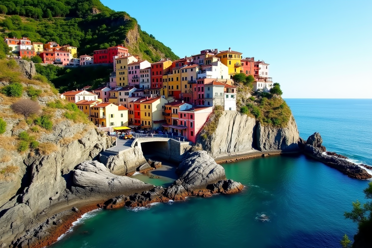 Village méditerranéen coloré sur une falaise ensoleillée