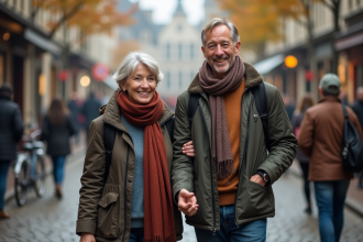 Couple accueillant voyageurs devant gare européenne