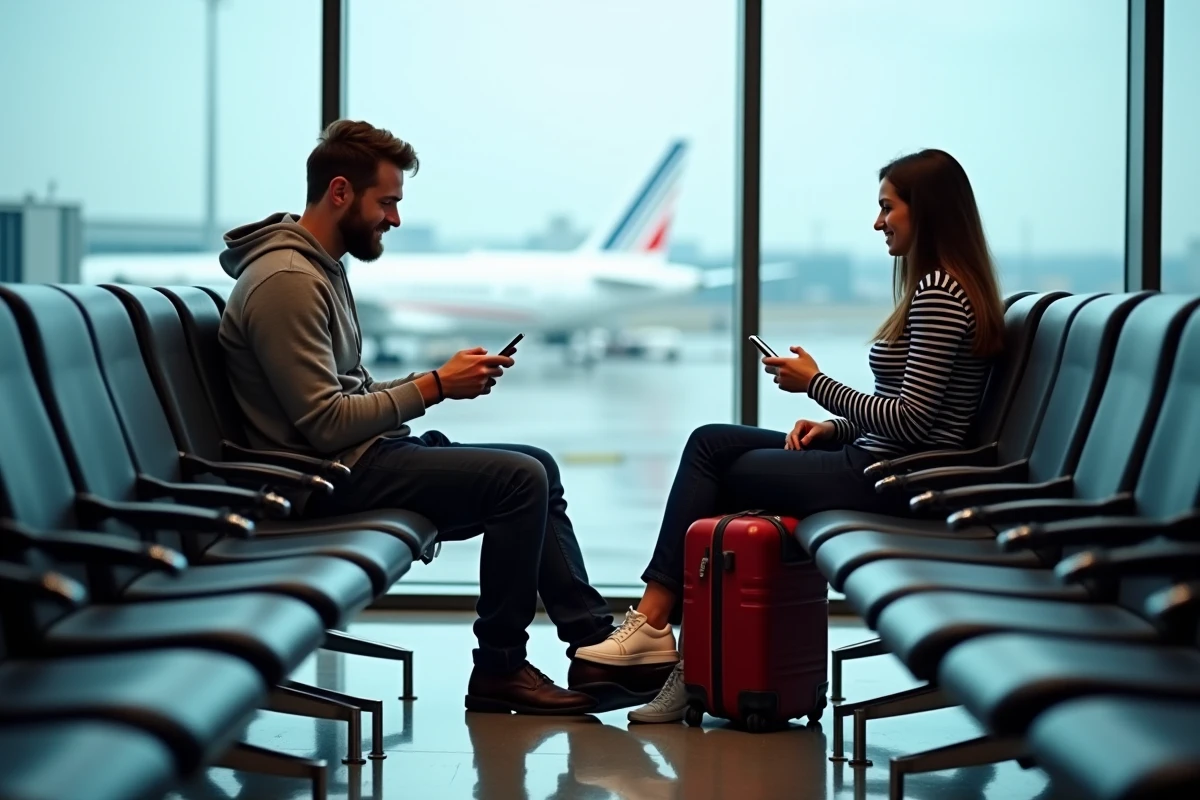 Couple de voyageurs attendant leur vol French bee à l'aéroport d'Orly avant le départ pour New York