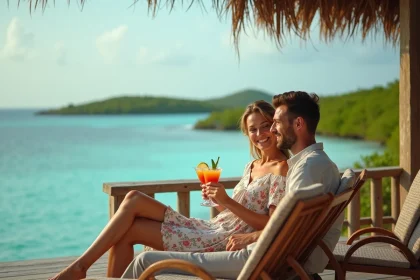 Couple en amoureux sur la terrasse d'un bungalow sur pilotis dans un hôtel 5 étoiles en Guadeloupe avec vue sur la mer des Caraïbes