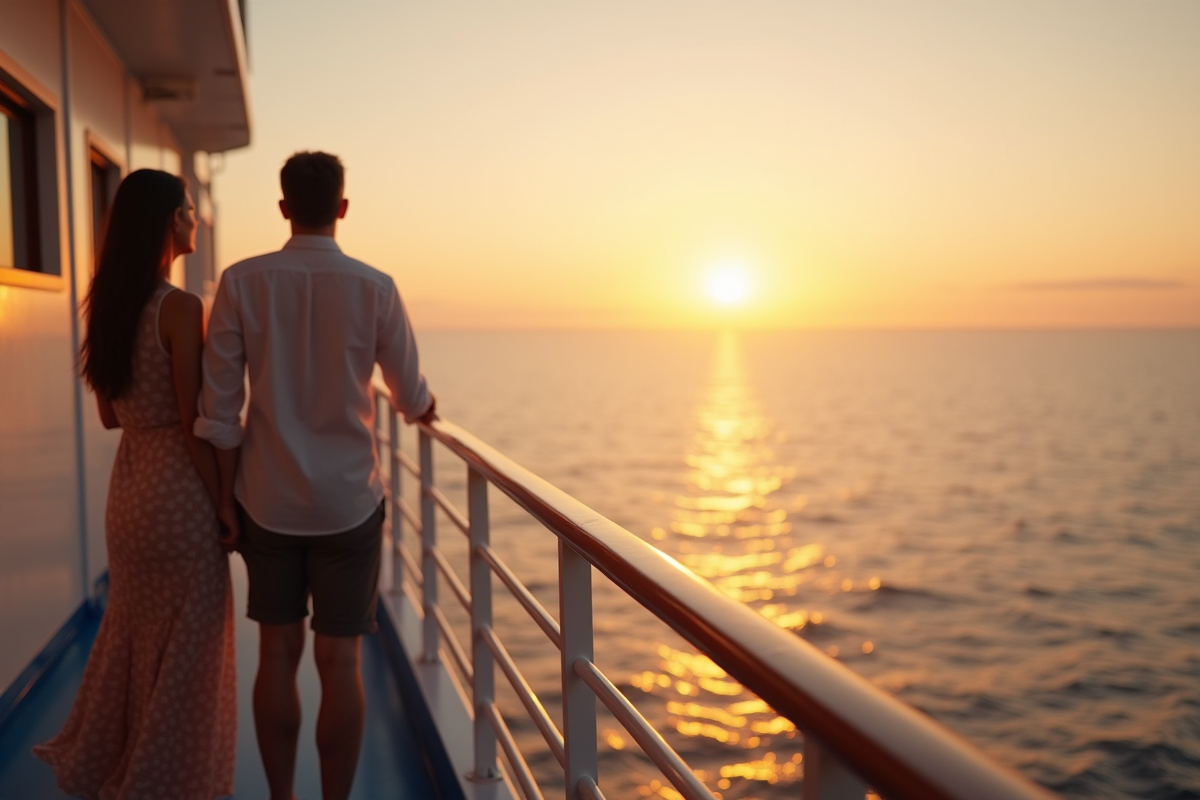 Couple regardant l horizon au coucher de soleil sur un bateau